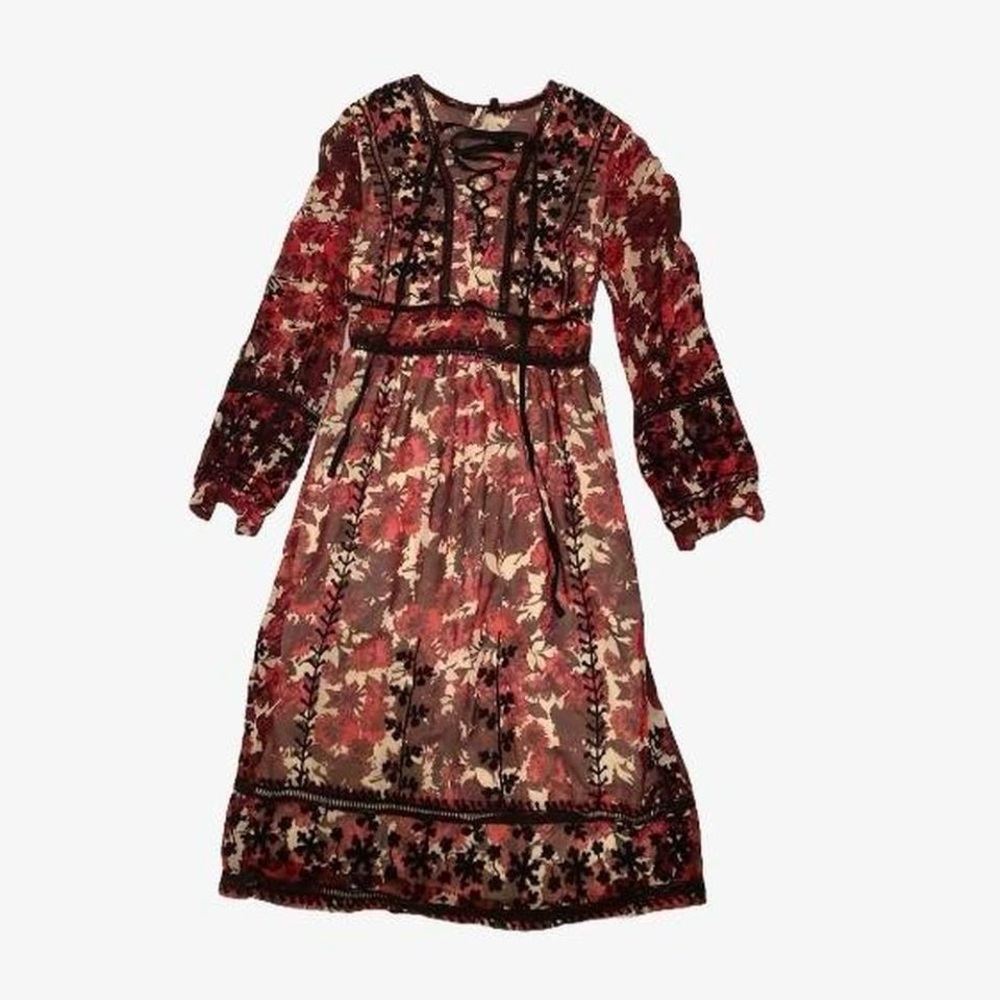 Topshop Floral Boho Lace Up Long Sleeve Midi Dress